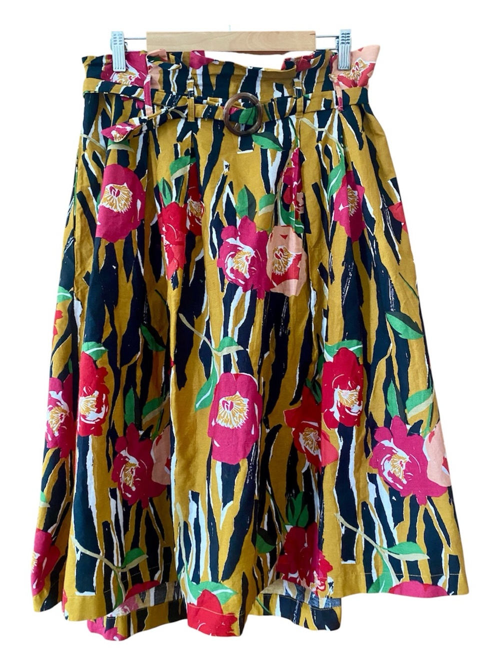 Truly 4 You Floral Paperbag Midi Skirt Elastic Waist Pockets Cotton Size L